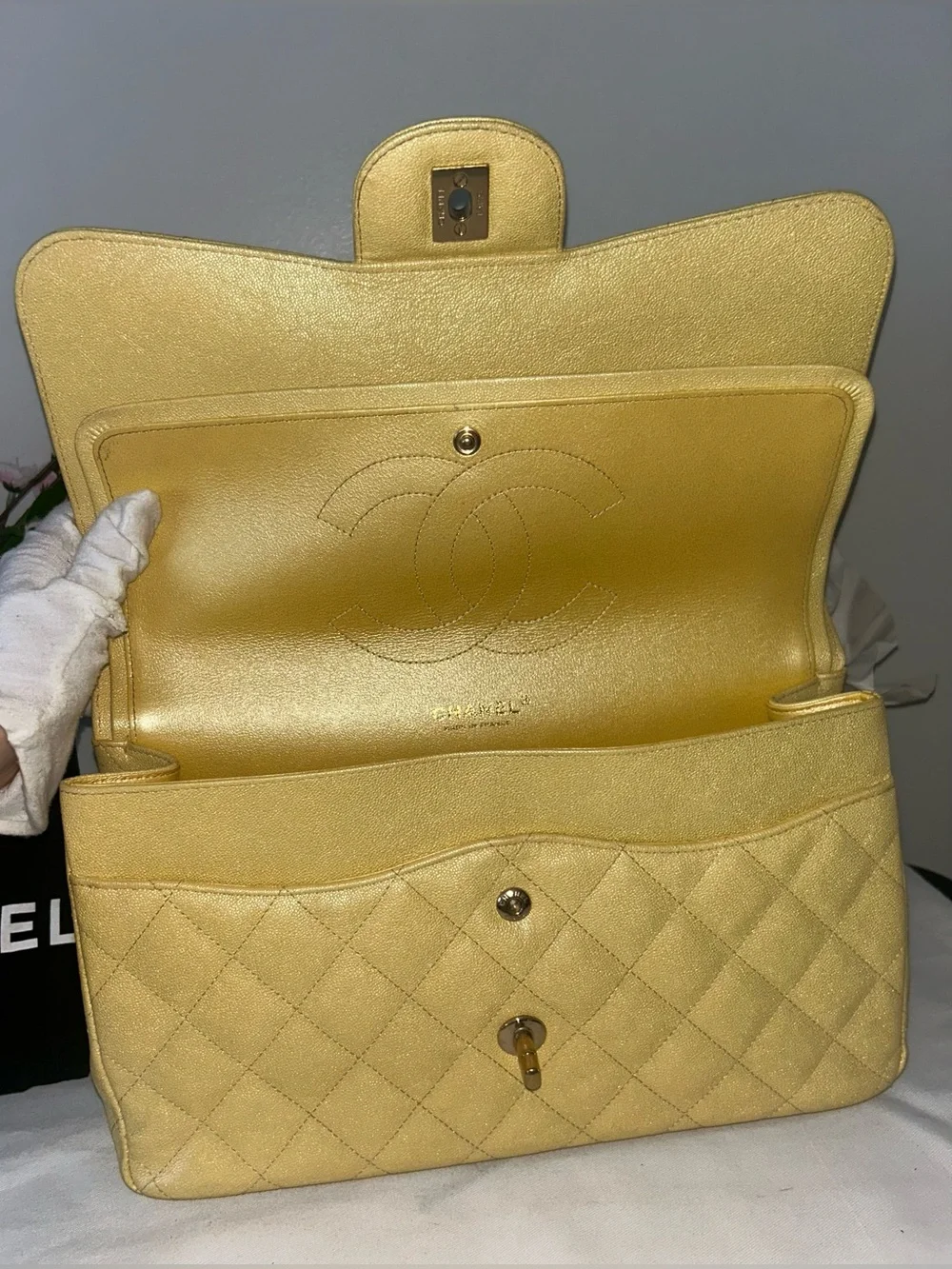 CHANEL 19S Jumbo Double Flap Quilted Caviar Handbag Iridescent Yellow / LGHW
